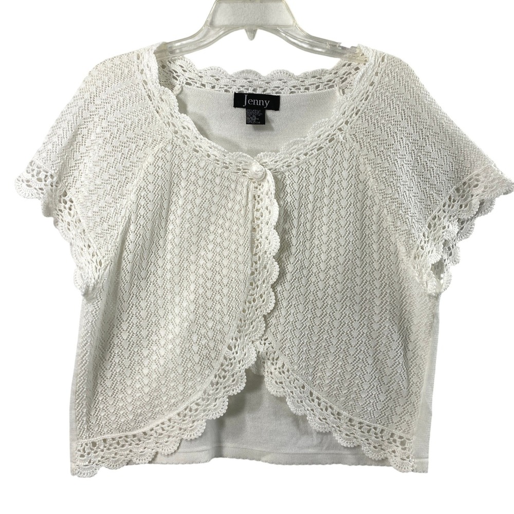 Jenny Shrug Womens XL White Bolero Cardigan Crochet Lace Pointelle Knit Cottage